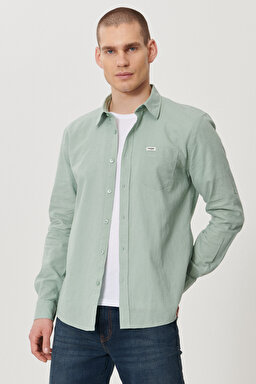 Regular Fit Normal Kesim Uzun Kollu Keten Gömlek - Green-W211841300