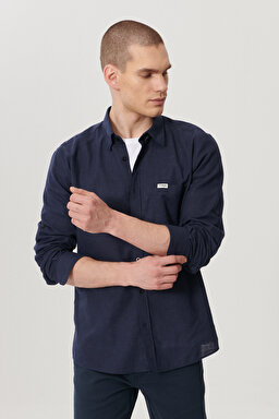Regular Fit Normal Kesim Uzun Kollu Keten Gömlek - Navy-W211841410 (görsel 2)