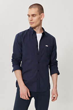 Regular Fit Normal Kesim Uzun Kollu Keten Gömlek - Navy-W211841410 (görsel 3)