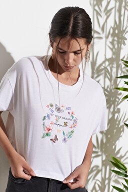 Loose Fit Sıfır Yaka %100 Pamuk Kısa Kollu Beyaz Tişört - White-W221076100