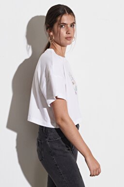Loose Fit Sıfır Yaka %100 Pamuk Kısa Kollu Beyaz Tişört - White-W221076100 (görsel 4)