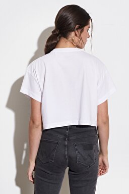 Loose Fit Sıfır Yaka %100 Pamuk Kısa Kollu Beyaz Tişört - White-W221076100 (görsel 5)