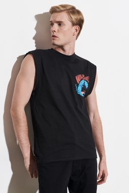 Loose Fit Rahat Kesim Bisiklet Yaka %100 Pamuk Kolsuz Siyah Tişört - Black-W221366001 (görsel 2)