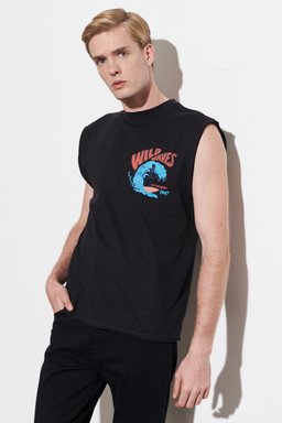 Loose Fit Rahat Kesim Bisiklet Yaka %100 Pamuk Kolsuz Siyah Tişört - Black-W221366001 (görsel 3)