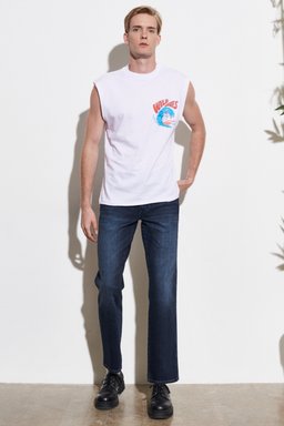 Loose Fit Rahat Kesim Bisiklet Yaka %100 Pamuk Kolsuz Kırık Beyaz Tişört - Off White-W221366102 (görsel 4)