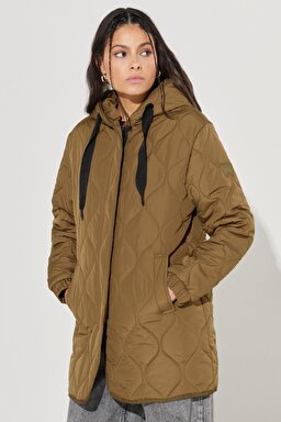 Regular Fit Normal Kesim Kapüşonlu Haki Kapitone Ceket - Khaki-W222039801
