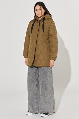 Regular Fit Normal Kesim Kapüşonlu Haki Kapitone Ceket - Khaki-W222039801 (görsel 7)