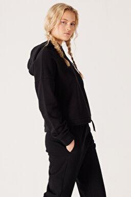 Loose Fit Rahat Kesim %100 Pamuk Kapüşonlu Siyah Şardonlu Sweatshirt - Black-W222079001 (görsel 3)