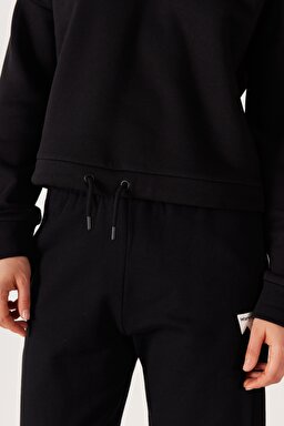 Loose Fit Rahat Kesim %100 Pamuk Kapüşonlu Siyah Şardonlu Sweatshirt - Black-W222079001 (görsel 5)