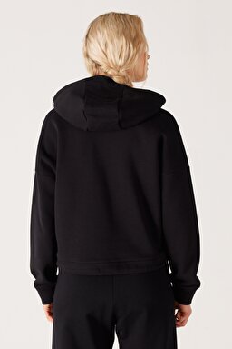 Loose Fit Rahat Kesim %100 Pamuk Kapüşonlu Siyah Şardonlu Sweatshirt - Black-W222079001 (görsel 7)