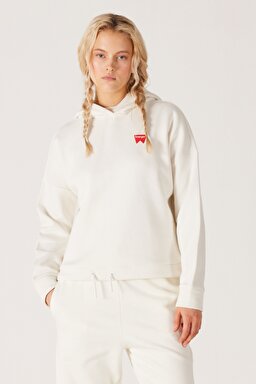 Loose Fit Rahat Kesim Kapüşonlu Yaka Şardonlu Kırık Beyaz Sweatshirt - Off White-W222079102