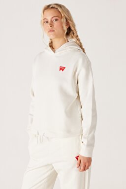 Loose Fit Rahat Kesim Kapüşonlu Yaka Şardonlu Kırık Beyaz Sweatshirt - Off White-W222079102 (görsel 2)