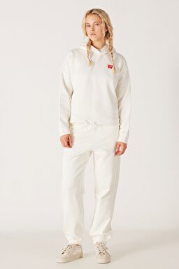 Loose Fit Rahat Kesim Kapüşonlu Yaka Şardonlu Kırık Beyaz Sweatshirt - Off White-W222079102 (görsel 5)
