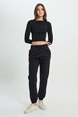 Regular Fit Normal Kesim %100 Pamuk Siyah Jogger Eşofman Altı - Black-W222090001 (görsel 2)