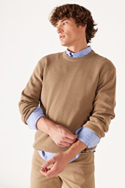 Regular Fit Normal Kesim Bisiklet Yaka Camel Tirko Kazak - Clay-W22210660 (görsel 3)