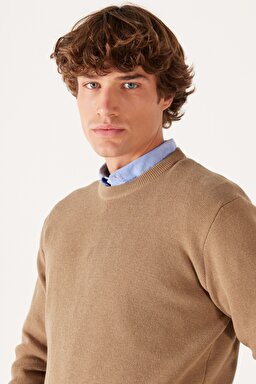 Regular Fit Normal Kesim Bisiklet Yaka Camel Tirko Kazak - Clay-W22210660 (görsel 4)