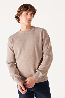 Regular Fit Normal Kesim Bisiklet Yaka Bej Triko Kazak - Beige-W222106614 (görsel 2)