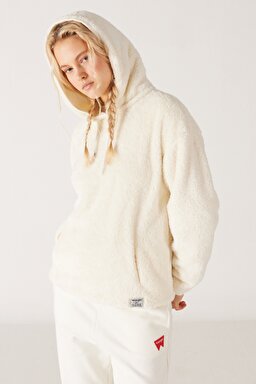 Regular Fit Normal Kesim Kapüşonlu Sherpa Ekru Sweatshirt - Ecru-W222260104 (görsel 3)