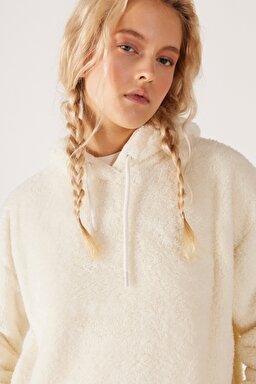 Regular Fit Normal Kesim Kapüşonlu Sherpa Ekru Sweatshirt - Ecru-W222260104 (görsel 4)