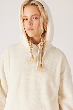 Regular Fit Normal Kesim Kapüşonlu Sherpa Ekru Sweatshirt - Ecru-W222260104 (görsel 5)