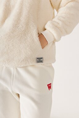 Regular Fit Normal Kesim Kapüşonlu Sherpa Ekru Sweatshirt - Ecru-W222260104 (görsel 6)