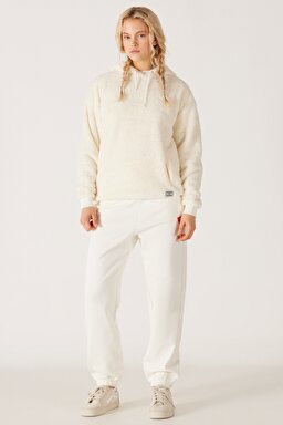 Regular Fit Normal Kesim Kapüşonlu Sherpa Ekru Sweatshirt - Ecru-W222260104 (görsel 7)