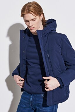 Regular Fit Normal Kesim Kapüşonlu Lacivert Şişme Mont - Navy-W222558114