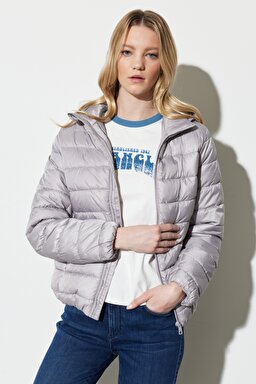 Regular Fit Normal Kesim Kapüşonlu Yaka Gri Şişme Mont - Stone-W222561013 (görsel 2)