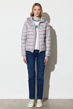 Regular Fit Normal Kesim Kapüşonlu Yaka Gri Şişme Mont - Stone-W222561013 (görsel 7)