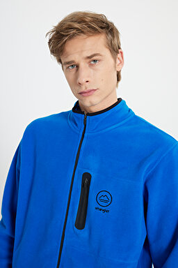Regular Fit Normal Kesim Dik Yaka Fermuarlı Mavi Polar Ceket - Sax-W222579403 (görsel 4)