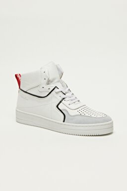 %100 Deri Yüksek Kesim Beyaz Sneaker Ayakkabı - White-W222788100