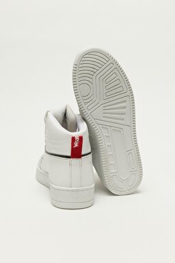 %100 Deri Yüksek Kesim Beyaz Sneaker Ayakkabı - White-W222788100 (görsel 4)