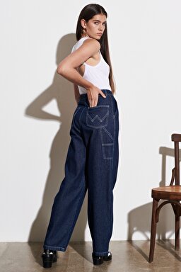 Carpenter Fit %100 Pamuk Çok Yüksek Bel Geniş Paça Jean Kot Pantolon - Rinse-W227ZB10L (görsel 6)
