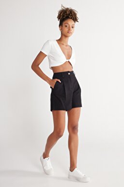 Regular Fit Normal Kesim %100 Pamuk Normal Bel Siyah Şort - Black-W231099001 (görsel 4)