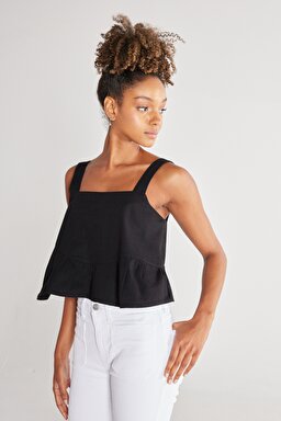 Regular Fit Normal Kesim %100 Pamuk Kare Yaka Siyah Askılı Bluz - Black-W231112001 (görsel 3)