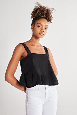 Regular Fit Normal Kesim %100 Pamuk Kare Yaka Siyah Askılı Bluz - Black-W231112001 (görsel 4)