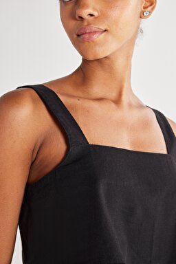 Regular Fit Normal Kesim %100 Pamuk Kare Yaka Siyah Askılı Bluz - Black-W231112001 (görsel 5)
