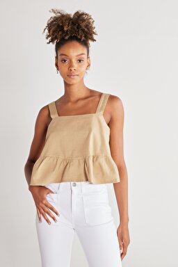 Regular Fit Normal Kesim %100 Pamuk Kare Yaka Bej Askılı Bluz - Beige-W231112614