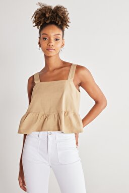 Regular Fit Normal Kesim %100 Pamuk Kare Yaka Bej Askılı Bluz - Beige-W231112614 (görsel 2)