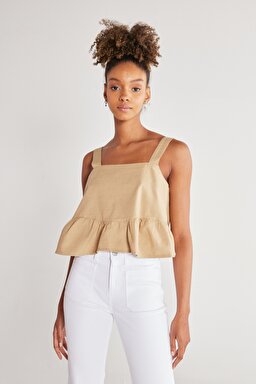 Regular Fit Normal Kesim %100 Pamuk Kare Yaka Bej Askılı Bluz - Beige-W231112614 (görsel 3)