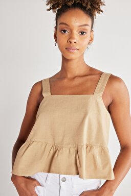 Regular Fit Normal Kesim %100 Pamuk Kare Yaka Bej Askılı Bluz - Beige-W231112614 (görsel 4)