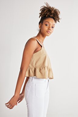 Regular Fit Normal Kesim %100 Pamuk Kare Yaka Bej Askılı Bluz - Beige-W231112614 (görsel 5)