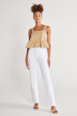 Regular Fit Normal Kesim %100 Pamuk Kare Yaka Bej Askılı Bluz - Beige-W231112614 (görsel 6)