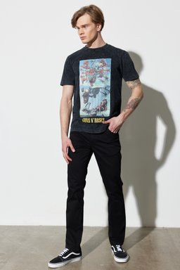Loose Fit Rahat Kesim %100 Pamuk Bisiklet Yaka Siyah Tişört - Black-W231166001 (görsel 7)