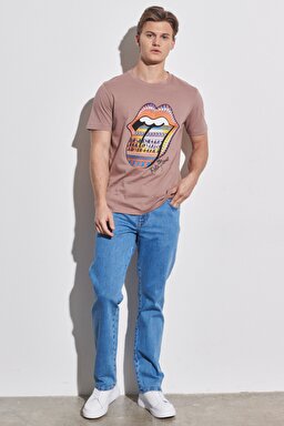 Loose Fit Rahat Kesim %100 Pamuk Bisiklet Yaka Camel Tişört - Camel-W231168211 (görsel 3)