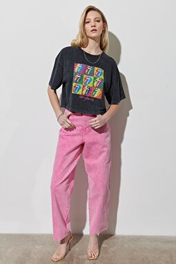 Regular Fit Normal Kesim %100 Pamuk Bisiklet Yaka Crop Antrasit Tişört - Anthracite-W231183003 (görsel 4)