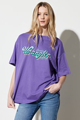 Oversize Fit Rahat Kesim %100 Pamuk Bisiklet Yaka Mor Tişört - Dark Purple-W231226495