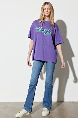 Oversize Fit Rahat Kesim %100 Pamuk Bisiklet Yaka Mor Tişört - Dark Purple-W231226495 (görsel 6)