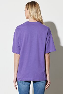 Oversize Fit Rahat Kesim %100 Pamuk Bisiklet Yaka Mor Tişört - Dark Purple-W231226495 (görsel 7)