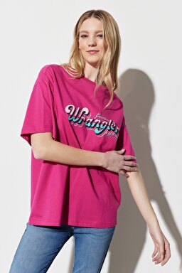 Oversize Fit Rahat Kesim %100 Pamuk Bisiklet Yaka Fuşya Tişört - Fuschia-W231226612 (görsel 3)